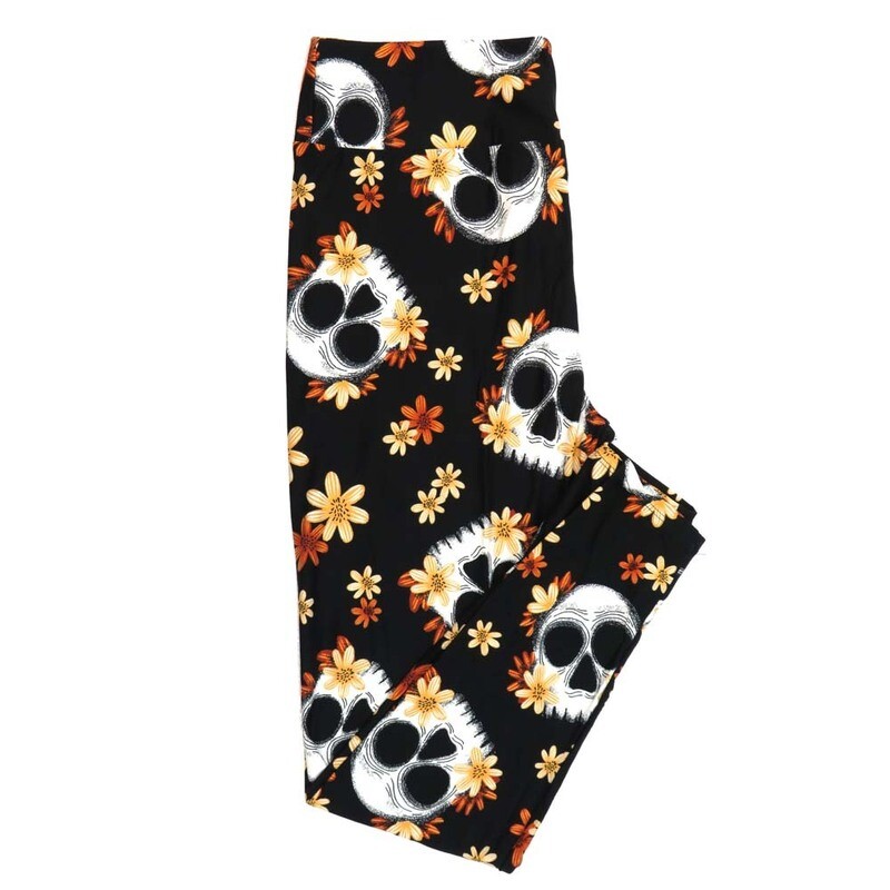 LuLaRoe TCTWO (TC2) Halloween Head Skulls Flowers Black White Orange Green Buttery Soft Leggings 9105-C9 fits Adult Women 18-26