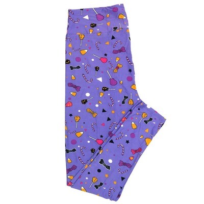 LuLaRoe TCTWO (TC2) Halloween Trick or Treat Lollies CandyCorn Canes Purple Black White Yellow Buttery Soft Leggings 9101-A10 fits Adult Women 18-26