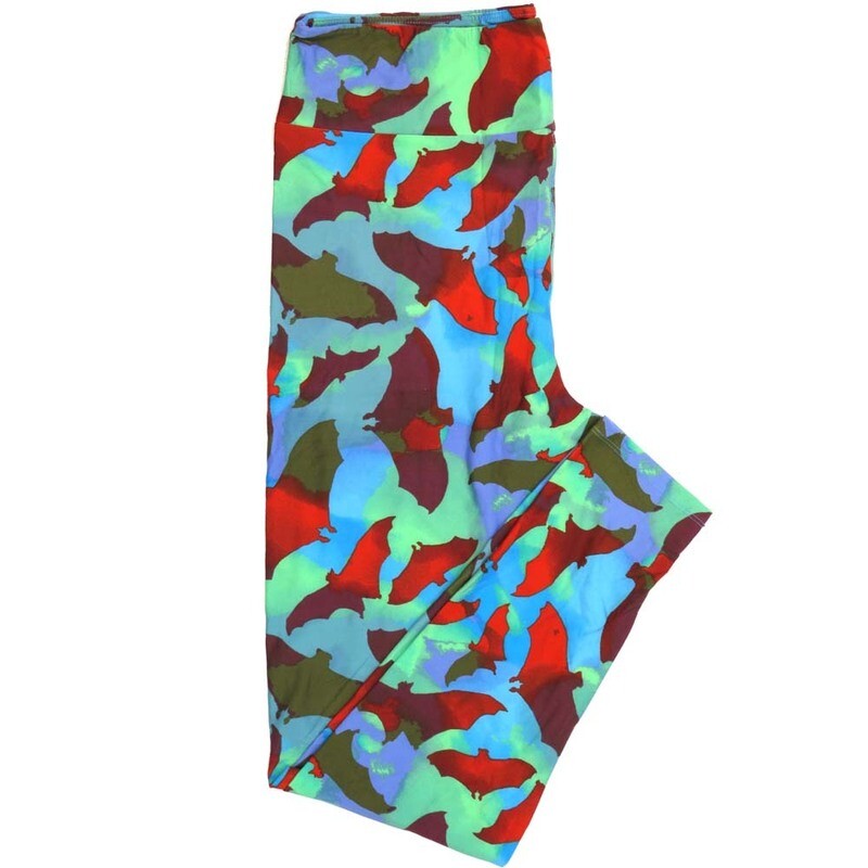 LuLaRoe TCTWO (TC2) Halloween Vampire Bats Wings Spread Green Red Purple Yellow Buttery Soft Leggings 9100-B9 fits Adult Women 18-26