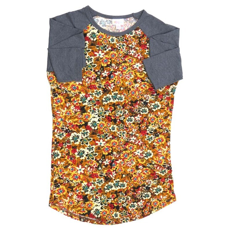 LuLaRoe RANDY a XX-Small XXS Floral Lilies Red Orange Green White Gray Raglan Sleeve Unisex Baseball Tee Shirt XXS fits 00-0