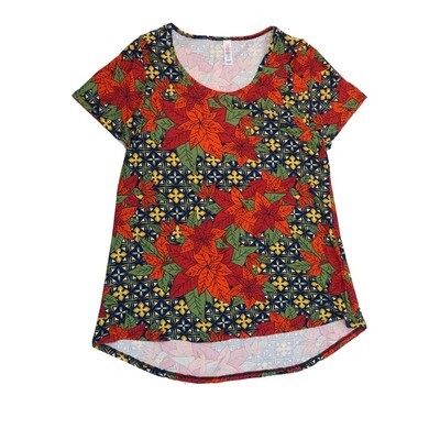 LuLaRoe CLASSIC Tee c Small (S) Christmas Holiday Poinsettia Geometric Red Green Blue Black SMALL-200B-C Womens Short Sleeve Tee fits Adult sizes 6-8