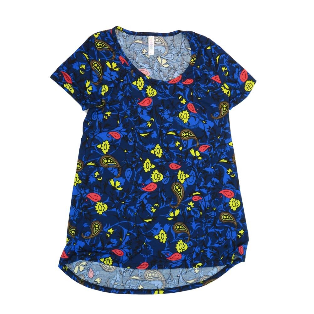 LuLaRoe CLASSIC Tee b X-Small (XS) Paisley Floral Blue Red Yellow Black XS-212-U Womens Short Sleeve Tee fits Adult sizes 2-4