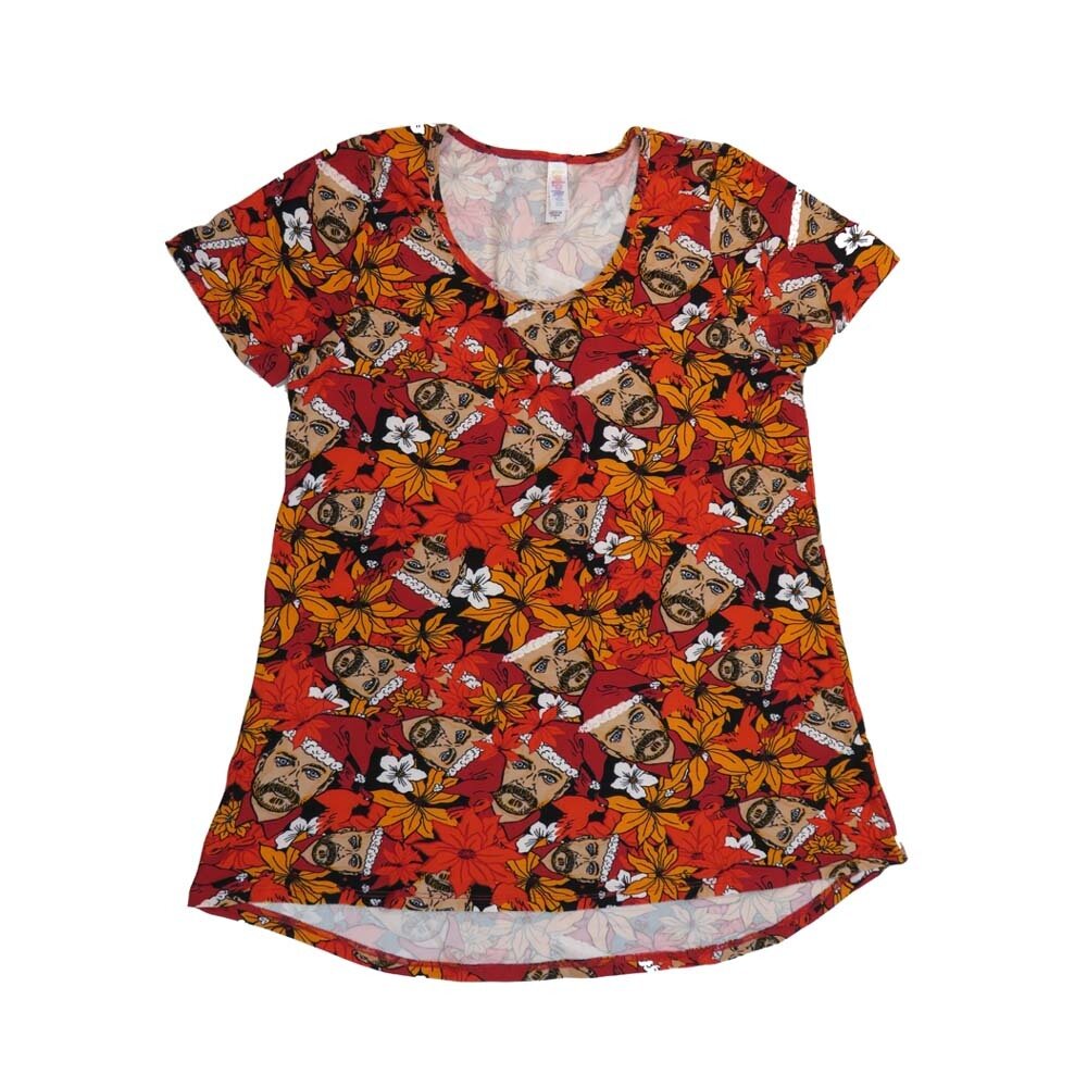 LuLaRoe CLASSIC Tee c Small (S) Christmas Holiday Poinsettia Bearded Elf Red Black White SMALL-201-C Womens Short Sleeve Tee fits Adult sizes 6-8