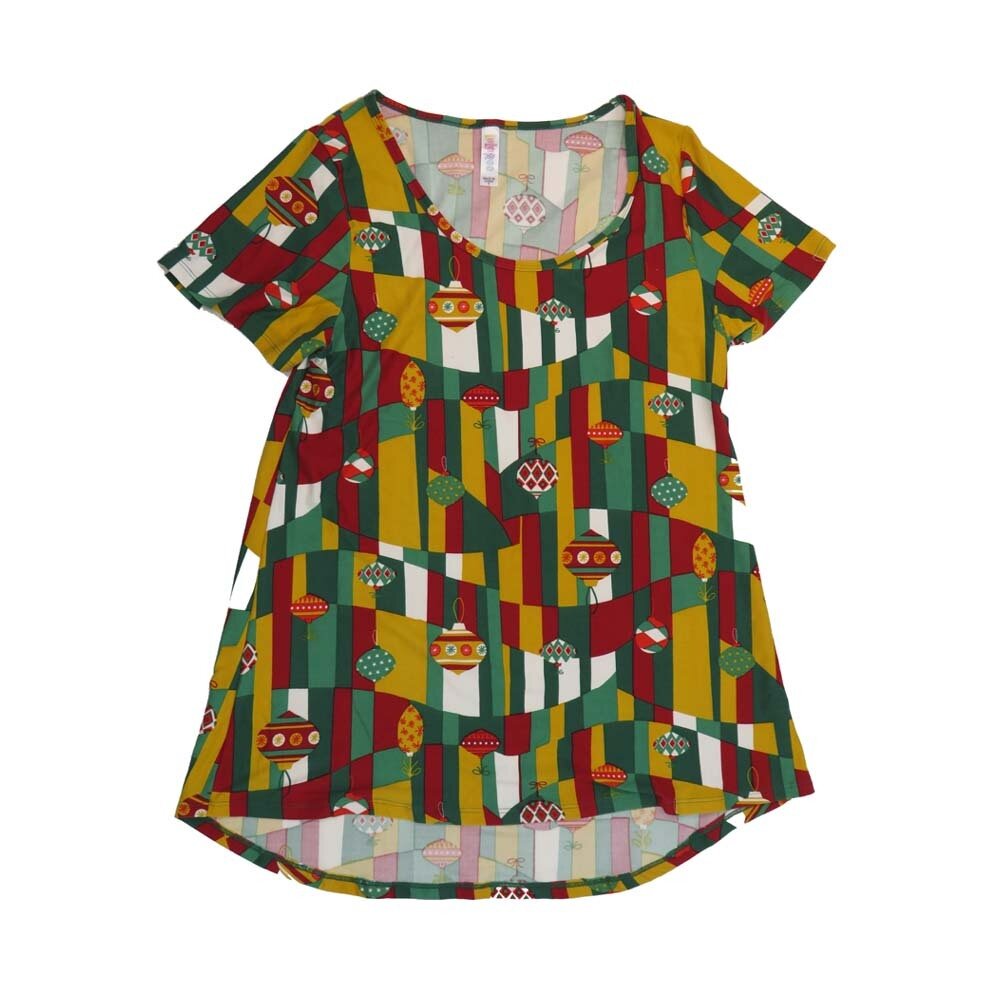 LuLaRoe CLASSIC Tee c Small (S) Christmas Holiday Stripe Ornaments Red Green White Gray SMALL-204-C Womens Short Sleeve Tee fits Adult sizes 6-8