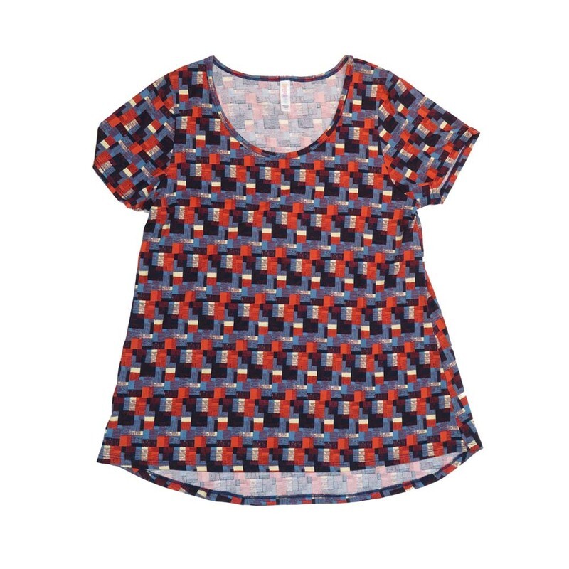 LuLaRoe CLASSIC Tee e Large (L) Geometric Blue White Red Teal LARGE-206-C Womens Short Sleeve Tee fits Adult sizes 14-16