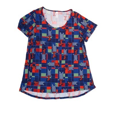 LuLaRoe CLASSIC Tee f X-Large (XL) Christmas Holiday Geometric Puppy Dog Scarf Plaid Blue Gray Red Green XL-201-C Womens Short Sleeve Tee fits Adult sizes 18-20