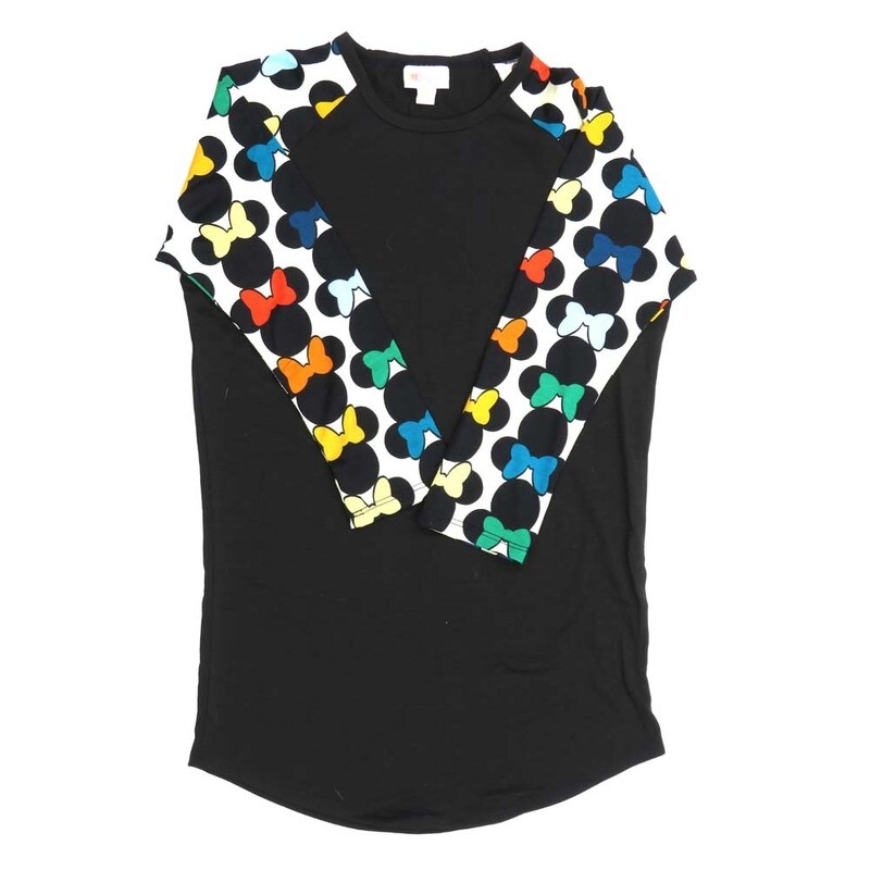 LuLaRoe RANDY a XX-Small XXS Disney Minnie Mouse Black White Yellow Blue Pink Raglan Sleeve Unisex Baseball Tee Shirt XXS fits 00-0