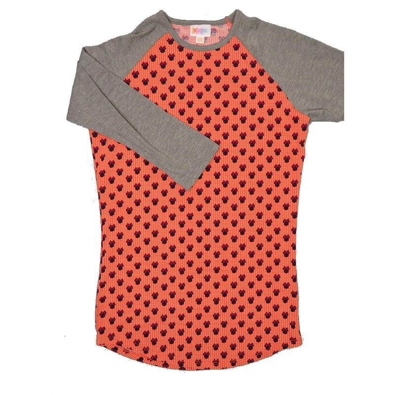 LuLaRoe RANDY a XX-Small XXS Disney Minnie Mouse Polka Dot Coral Cream with Maroon Raglan Sleeve Unisex Baseball Tee Shirt XXS fits 00-0