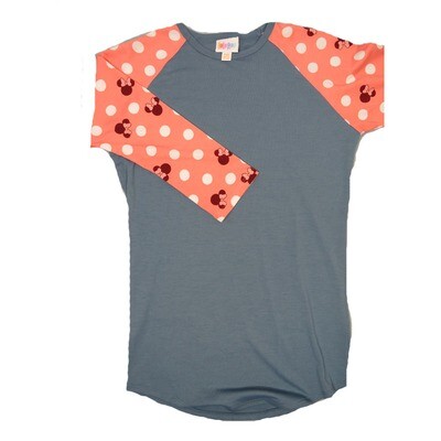 LuLaRoe RANDY a XX-Small XXS Disney Minnie Mouse Polka Dot Slate Blue with Pink Raglan Sleeve Unisex Baseball Tee Shirt XXS fits 00-0