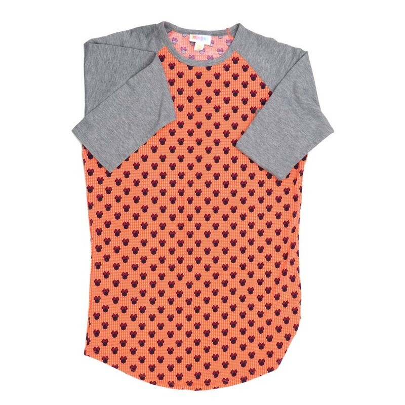 LuLaRoe RANDY a XX-Small XXS Disney Minnie Mouse Polka Dot Orange Magenta Gray Raglan Sleeve Unisex Baseball Tee Shirt XXS fits 00-0