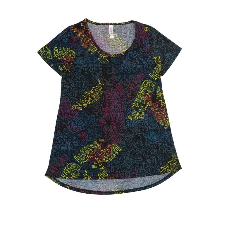 LuLaRoe CLASSIC Tee b X-Small (XS) Geometric Abstract Black Yellow Magenta Blue XS-225-C Womens Short Sleeve Tee fits Adult sizes 2-4