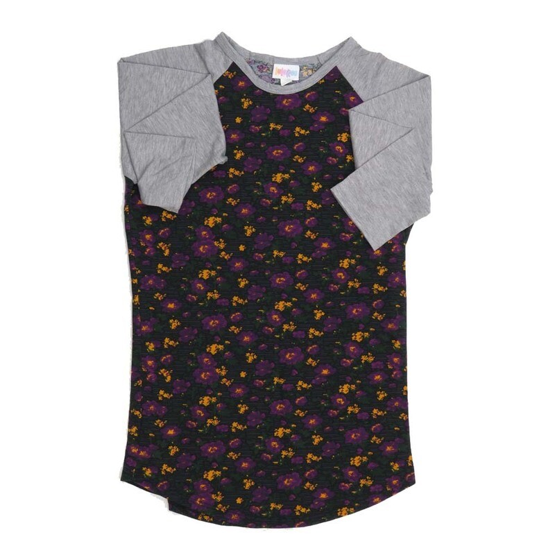 LuLaRoe RANDY a XX-Small XXS Floral Stripe Purple Green Red Gray Raglan Sleeve Unisex Baseball Tee Shirt XXS fits 00-0