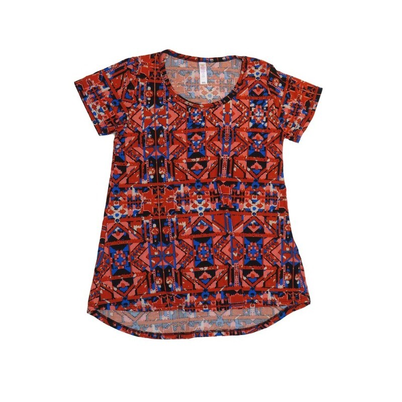 LuLaRoe CLASSIC Tee a XX-Small (XXS) Geometric Traingles Red Purple Blue White XXS-218-U Womens Short Sleeve Tee fits Adult sizes 00-0