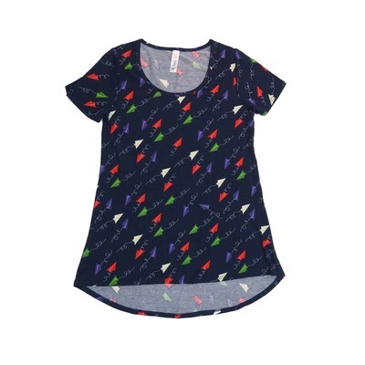 LuLaRoe CLASSIC Tee a XX-Small (XXS) Paper Airplanes Navy White Red Green Purple XXS-225-C Womens Short Sleeve Tee fits Adult sizes 00-0