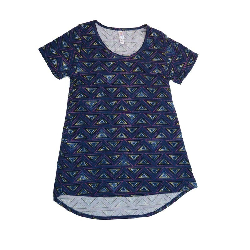 LuLaRoe CLASSIC Tee a XX-Small (XXS) Geometric Traingles Stripe Blue Black Purple White XXS-219-U Womens Short Sleeve Tee fits Adult sizes 00-0
