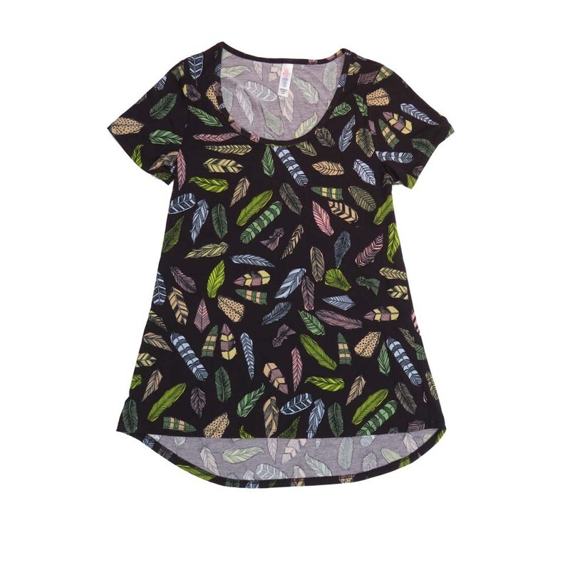 LuLaRoe CLASSIC Tee a XX-Small (XXS) Feathers Black Blue Yellow White Green Purple XXS-220-C Womens Short Sleeve Tee fits Adult sizes 00-0