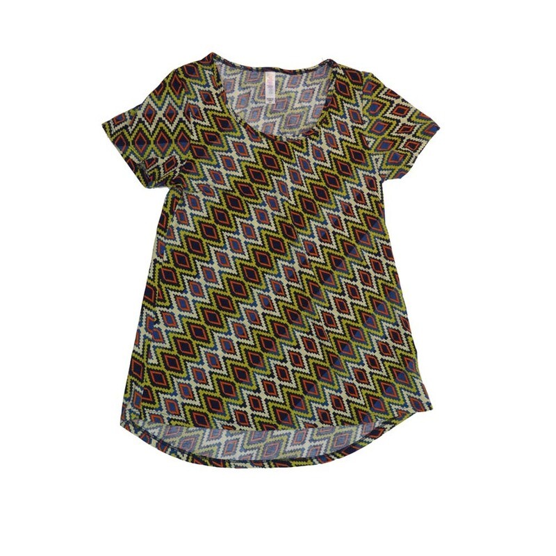 LuLaRoe CLASSIC Tee a XX-Small (XXS) 70s Trippy Diagonal Diamond Black Gray Purple Blue XXS-231-C Womens Short Sleeve Tee fits Adult sizes 00-0
