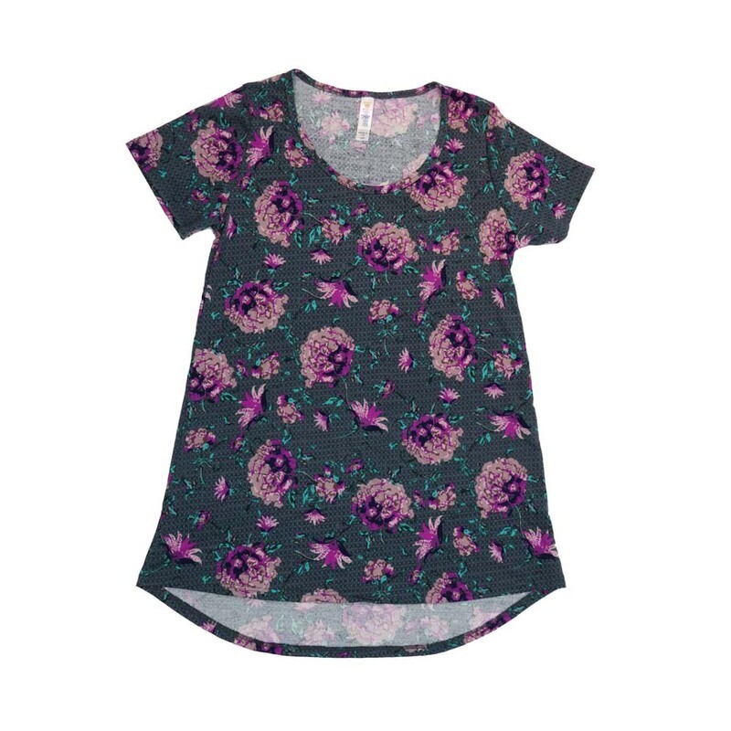 LuLaRoe CLASSIC Tee a XX-Small (XXS) Floral Peony Polka Dots Purple Gray Teal XXS-213-U Womens Short Sleeve Tee fits Adult sizes 00-0