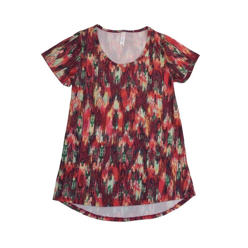 LuLaRoe CLASSIC Tee a XX-Small (XXS) Geometric Abstract Black Red Magenta Green XXS-216-U Womens Short Sleeve Tee fits Adult sizes 00-0