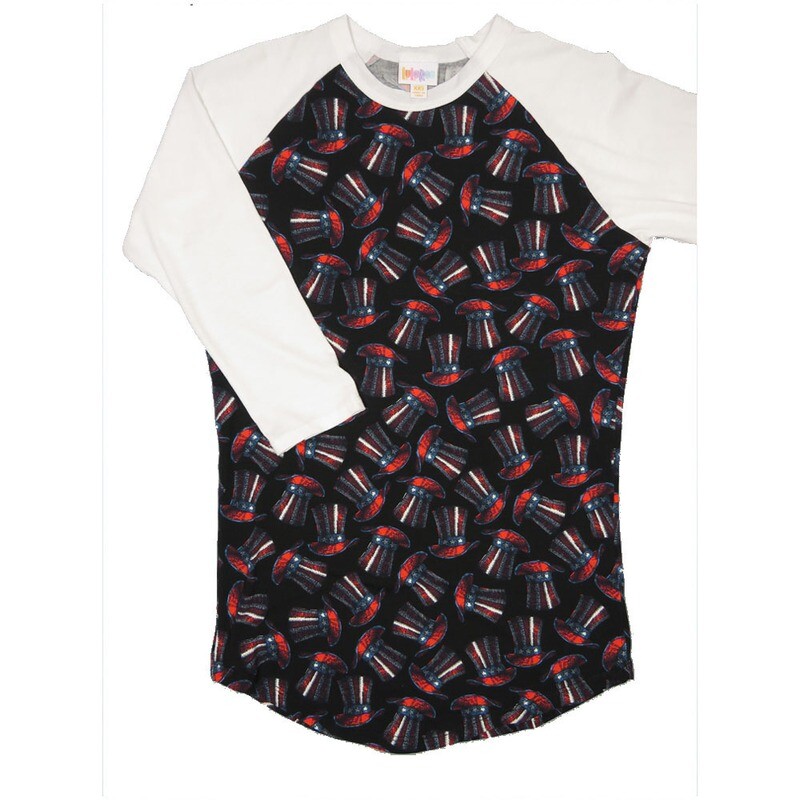 LuLaRoe RANDY a XX-Small XXS Americana Hats Black Red White Blue with White Raglan Sleeve Unisex Baseball Tee Shirt XXS fits 00-0