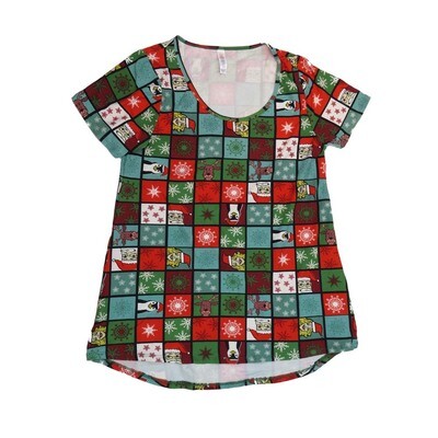 LuLaRoe CLASSIC Tee c Small (S) Christmas Holiday Geometric Checkerboard Santa Claus Penguin Snowflake Gray Red Black White SMALL-202-C Womens Short Sleeve Tee fits Adult sizes 6-8