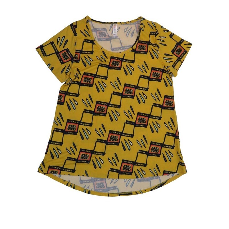 LuLaRoe CLASSIC Tee c Small (S) Geometric Mustard Black SMALL-238-M Womens Short Sleeve Tee fits Adult sizes 6-8