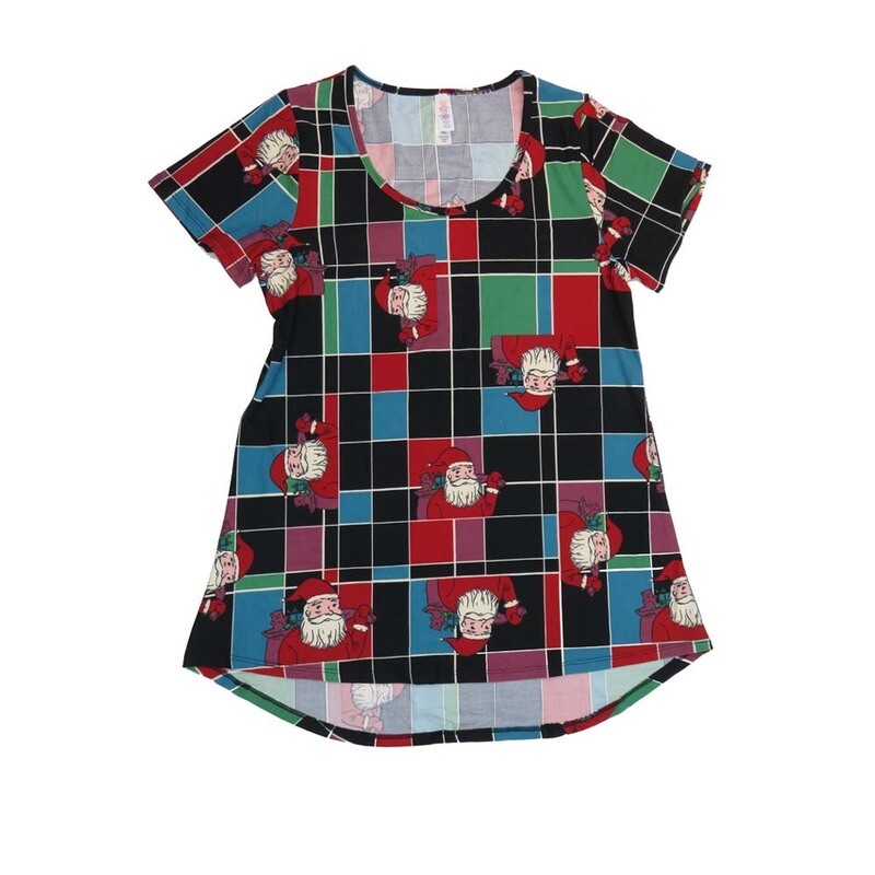 LuLaRoe CLASSIC Tee a XX-Small (XXS) Christmas Holiday Santa Claus Geometric Black Blue Green Red White XXS-223-C Womens Short Sleeve Tee fits Adult sizes 00-0