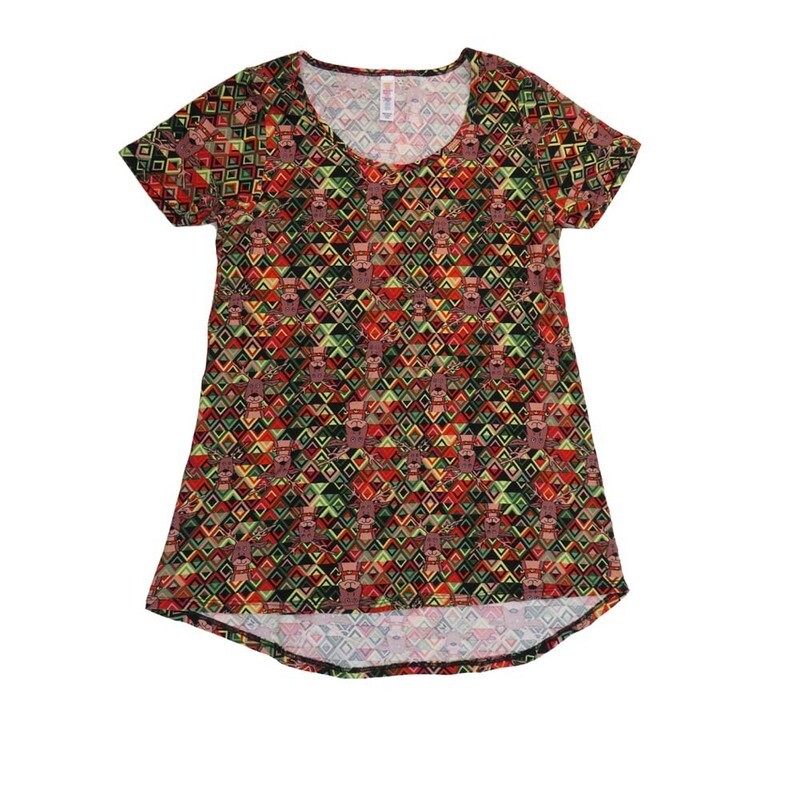 LuLaRoe CLASSIC Tee a XX-Small (XXS) Christmas Holiday Reindeer Geometric Traingles Black Gray Green Red Cream XXS-224-C Womens Short Sleeve Tee fits Adult sizes 00-0
