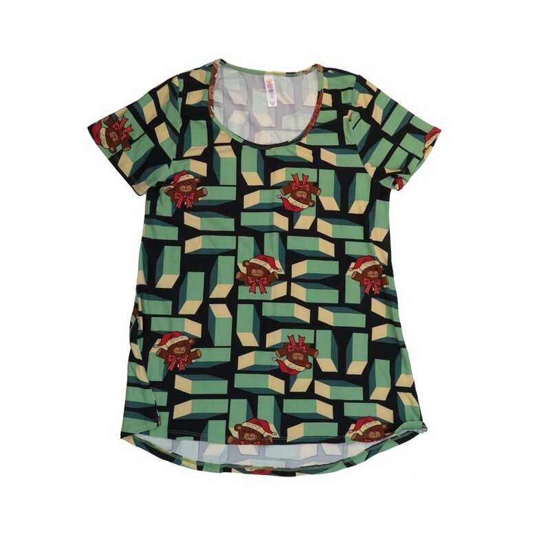 LuLaRoe CLASSIC Tee b X-Small (XS) Christmas Holiday Teddy Bear Black Gray Red Geometric XS-221-C Womens Short Sleeve Tee fits Adult sizes 2-4