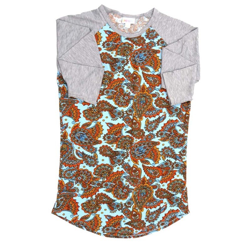 LuLaRoe RANDY a XX-Small XXS Paisley Floral White Orange Blue Gray Raglan Sleeve Unisex Baseball Tee Shirt XXS fits 00-0
