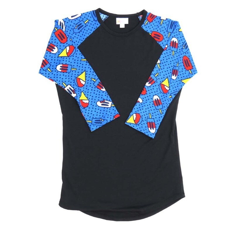 LuLaRoe RANDY a XX-Small XXS Americana USA Stars Popsicles Snocones Polka Dot Black Blue Red Blue Yellow Raglan Sleeve Unisex Baseball Tee Shirt XXS fits 00-0