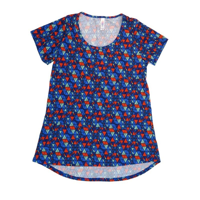 LuLaRoe CLASSIC Tee b X-Small (XS) Geometric Blue Red Black Teal Traingles XS-210-U Womens Short Sleeve Tee fits Adult sizes 2-4