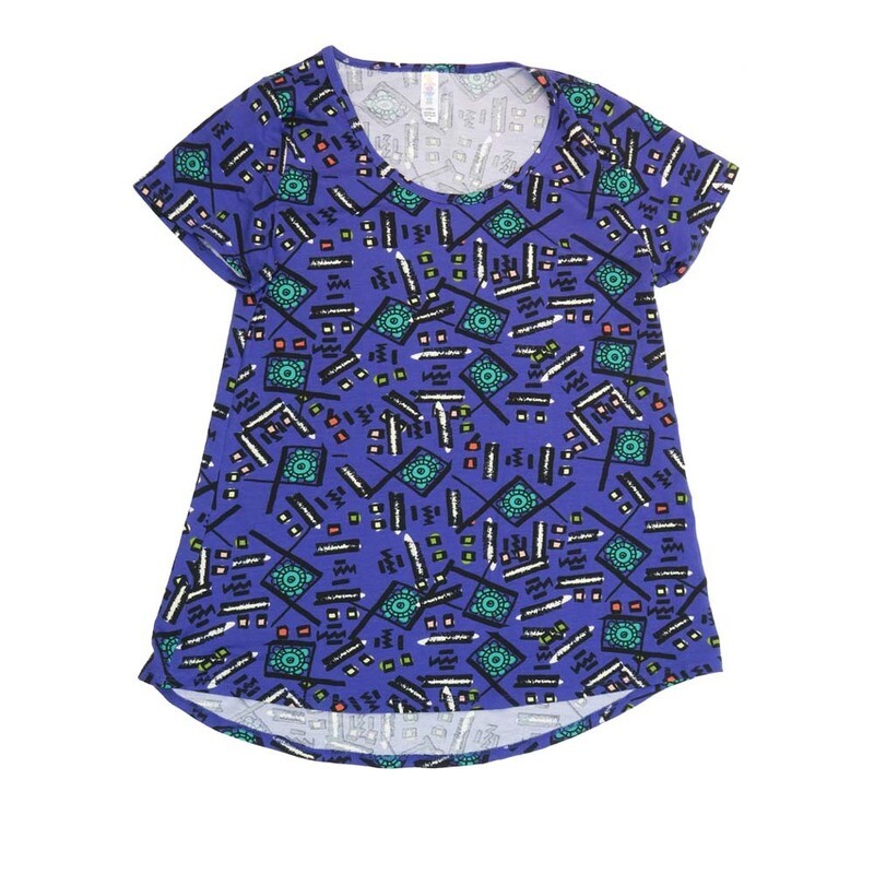 LuLaRoe CLASSIC Tee b X-Small (XS) Geometric Blue Black White XS-247-V Womens Short Sleeve Tee fits Adult sizes 2-4