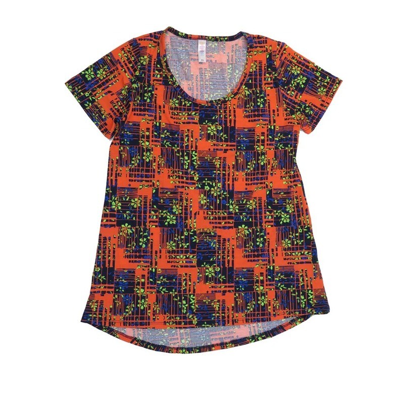 LuLaRoe CLASSIC Tee b X-Small (XS) Geometric Floral Black Blue Red Yellow XS-211-U Womens Short Sleeve Tee fits Adult sizes 2-4