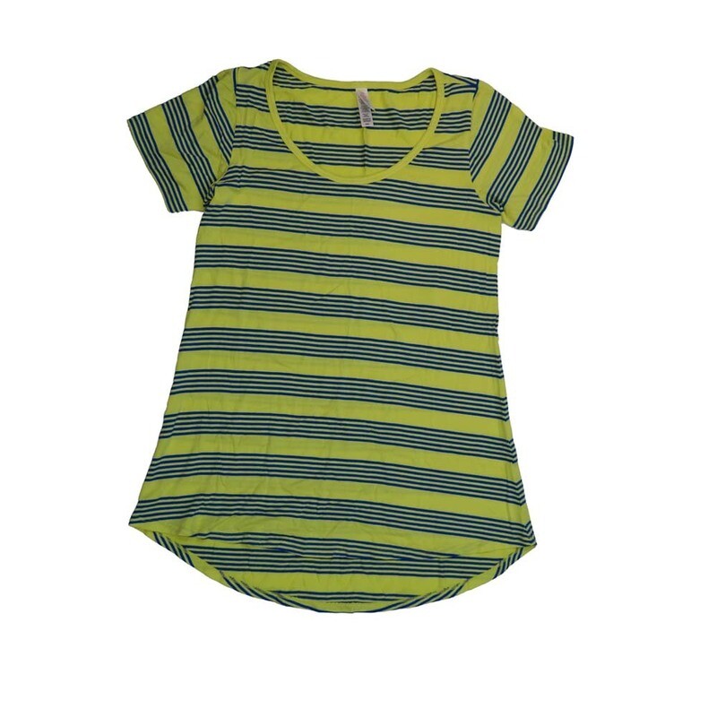 LuLaRoe CLASSIC Tee a XX-Small (XXS) Stripe Navy Yellow XXS-245-V Womens Short Sleeve Tee fits Adult sizes 00-0