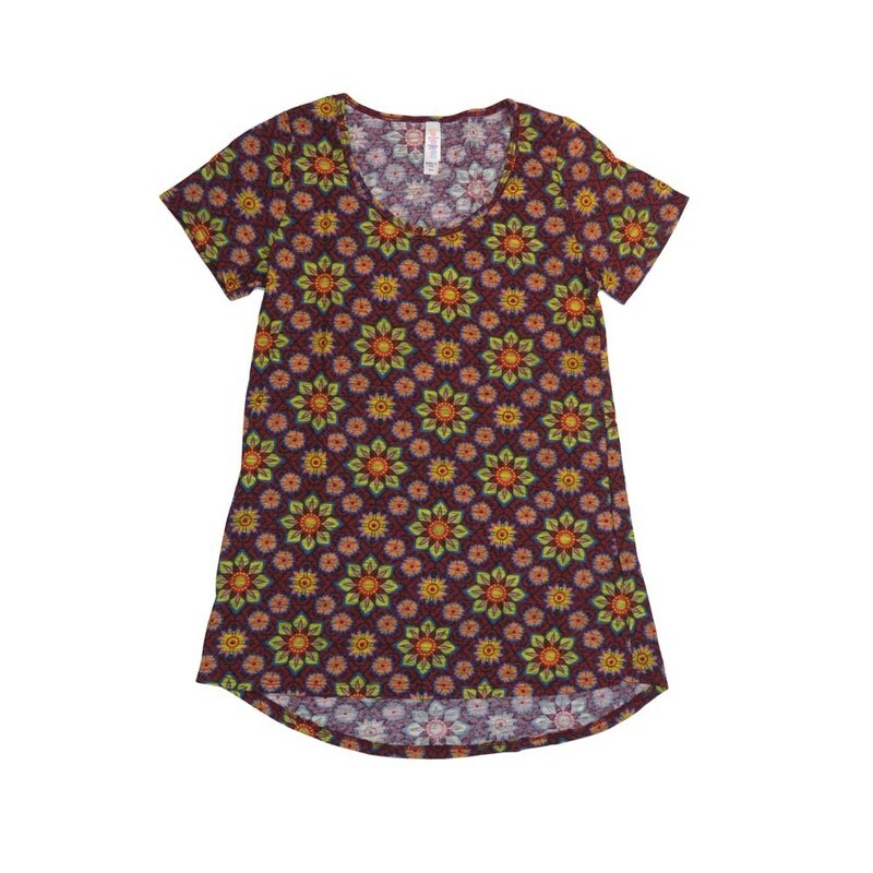 LuLaRoe CLASSIC Tee a XX-Small (XXS) Mandalas Geometric Red Yellow Black Green XXS-214-U Womens Short Sleeve Tee fits Adult sizes 00-0