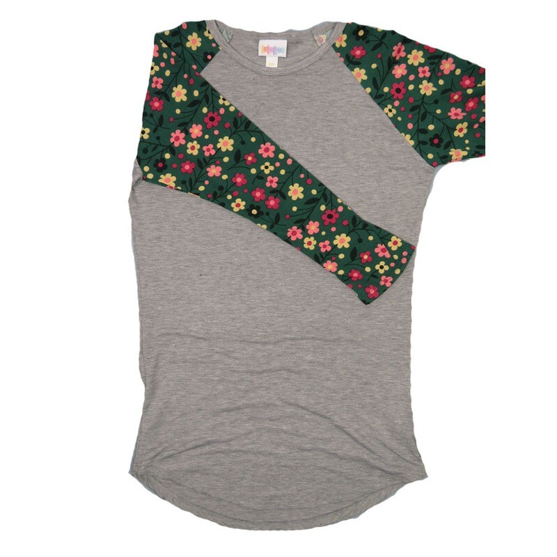 LuLaRoe RANDY a XX-Small XXS Light Gray with Pine Pink Yellow Floral Raglan Sleeve Unisex Baseball Tee Shirt XXS fits 00-0