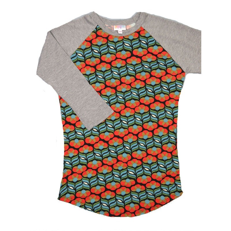LuLaRoe RANDY a XX-Small XXS Floral Black Slate Red Green with Gray Raglan Sleeve Unisex Baseball Tee Shirt XXS fits 00-0