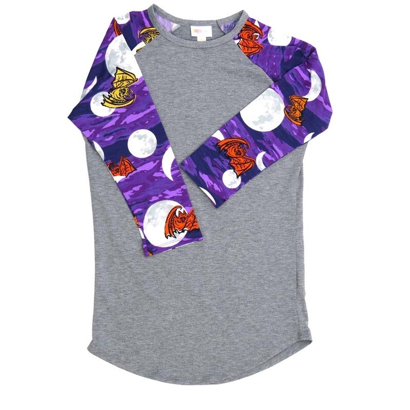 LuLaRoe RANDY a XX-Small XXS Halloween Full Moon Bats Blue Orange White Gray Raglan Sleeve Unisex Baseball Tee Shirt XXS fits 00-0