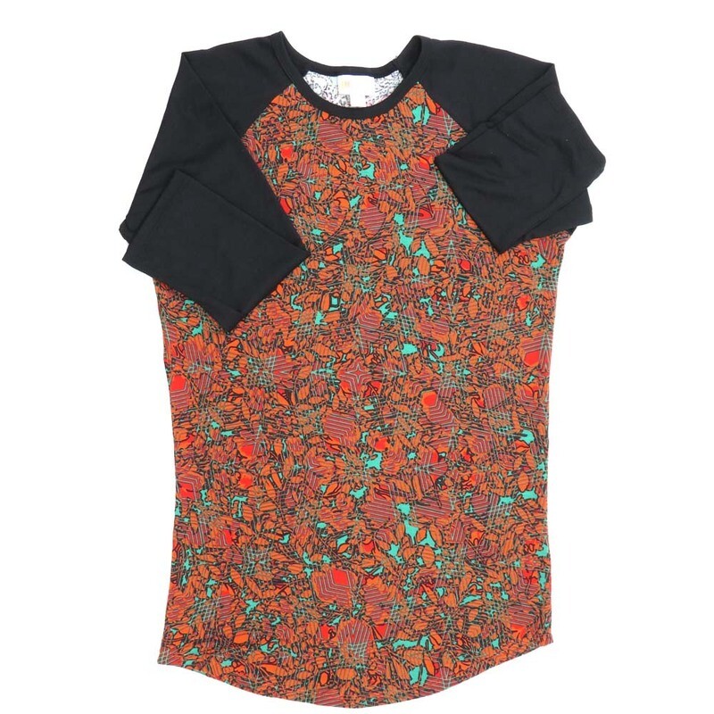 LuLaRoe RANDY a XX-Small XXS 3D Trippy Star Floral Melon Peach Black Raglan Sleeve Unisex Baseball Tee Shirt XXS fits 00-0