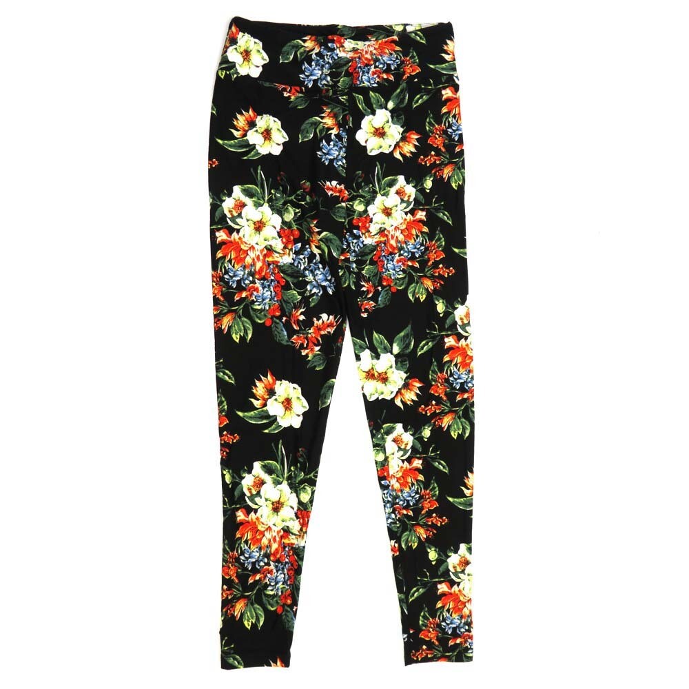 LuLaRoe TCTWO TC2 Floral Hybiscus Flowers Black Purple Green Red White Buttery Soft Leggings - TC2 fits Adults 18-26