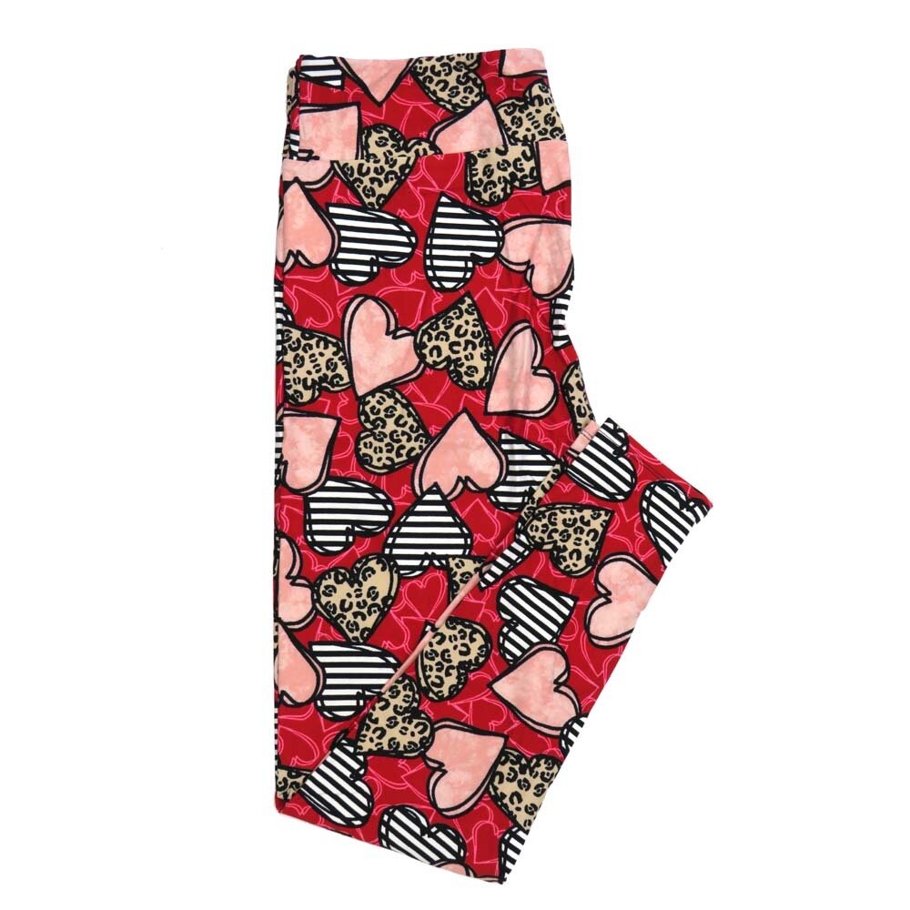 LuLaRoe TC2 TCTWO Valentines Hearts Striped Cheetah Print Red Black Pink white Leggings fits Adult sizes 18-26  9117-C