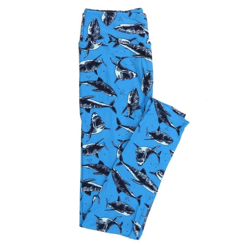 LuLaRoe One Size OS Sharks Great White Light Blue Dark Blue Leggings (OS fits Adults 2-10)