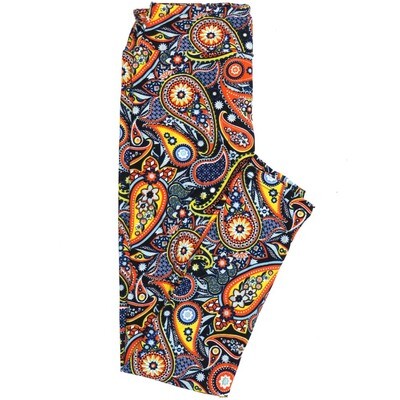 LuLaRoe One Size OS Paisley Black Blue Yellow Coral Leggings (OS fits Adults 2-10)