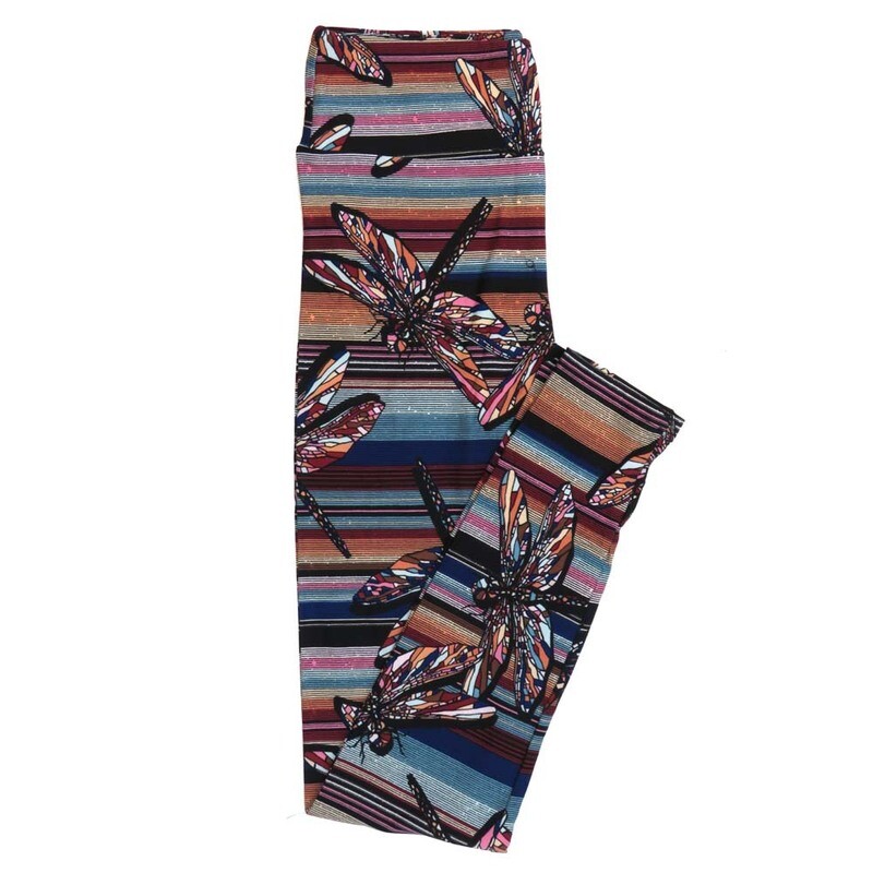 LuLaRoe One Size OS Dragonfly Crystal Stripe Blue Pink Orange Black Leggings (OS fits Adults 2-10)