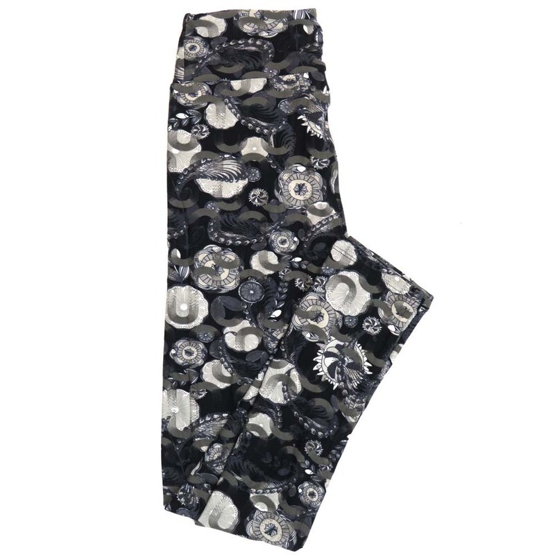 LuLaRoe One Size OS Paisley Pinwheel Mandala Floral Black Gray White Leggings (OS fits Adults 2-10)