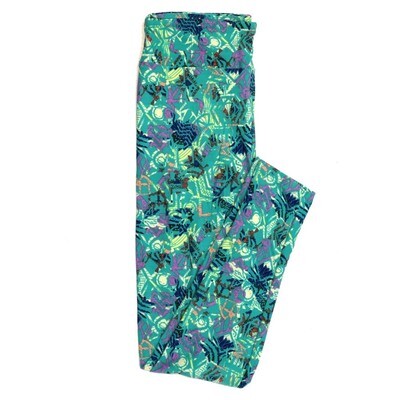 LuLaRoe One Size OS Chevron Floral Dark Teal Lavender Blue Yellow Leggings (OS fits Adults 2-10)