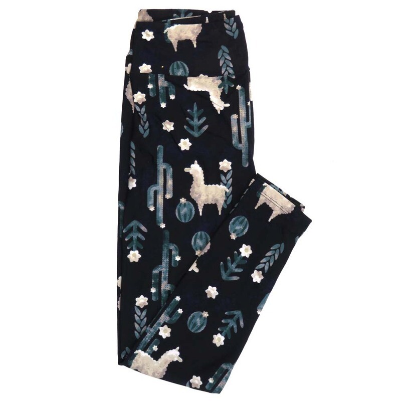 LuLaRoe One Size OS Llama Alpaca Cactus Black Light Green Cream Floral Buttery Soft Leggings - OS fits Adults 2-10