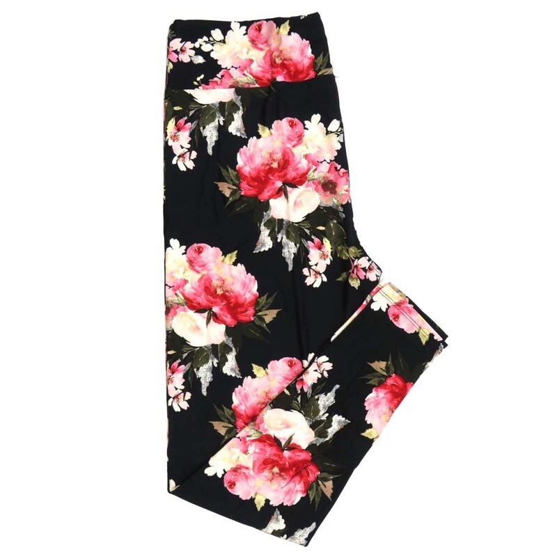 LuLaRoe Tween TW Valentines Floral Roses Black Pink White Red Green Leggings fits Adult sizes 00-0  3405-B