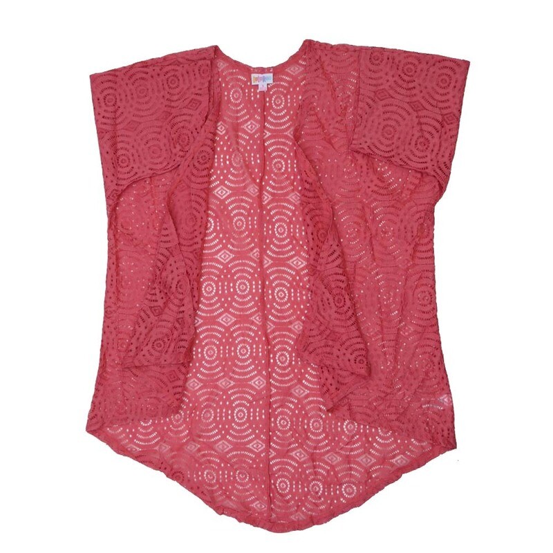 LuLaRoe Lindsay c Small S Kimono Pink Lace Interlocking Concentric Circles Silky Lightweight Made in Vietnam 90% Nylon 10% Elastane Small fits Adult sizes 00-8